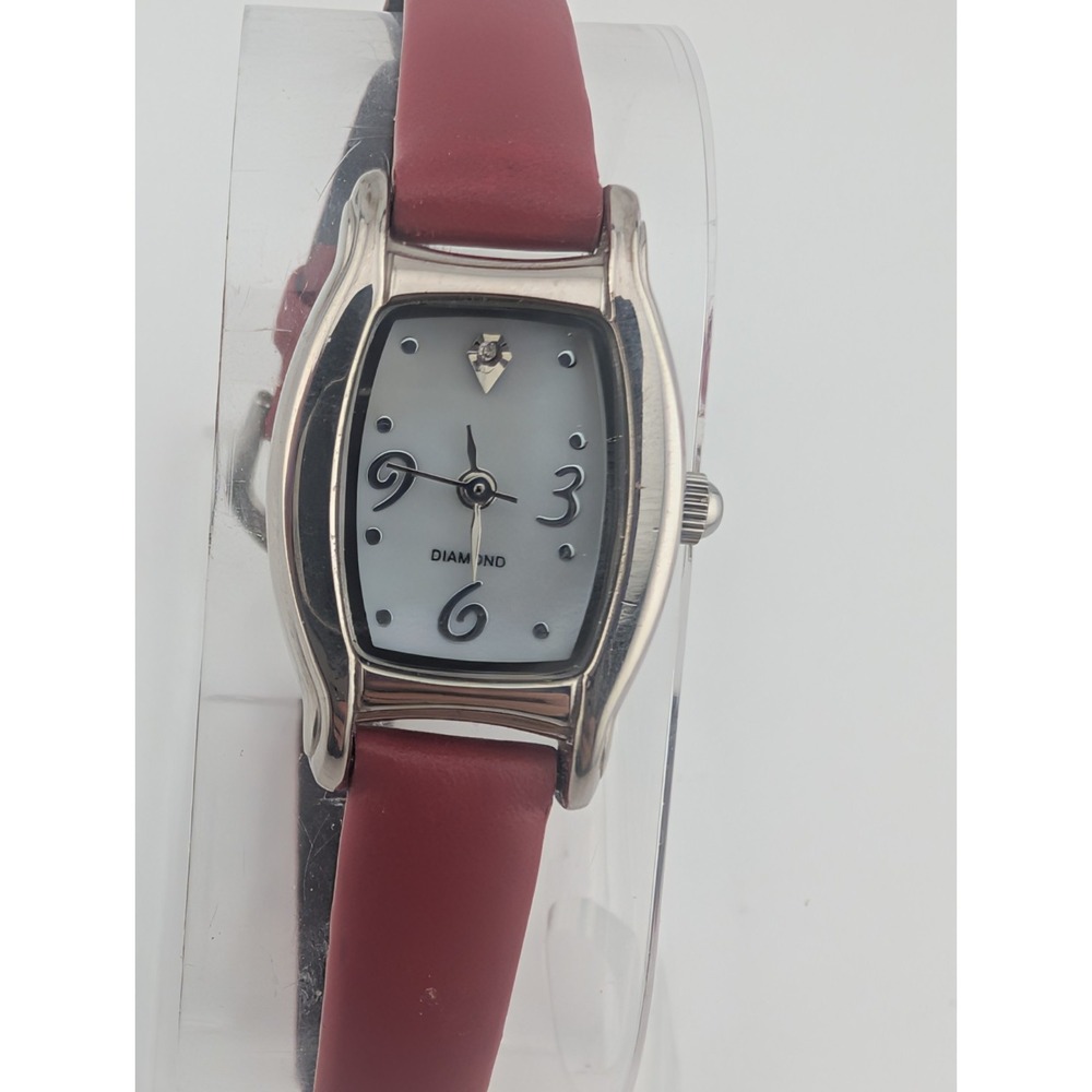 Avon Diamond Accent Watch Women 20mm Case MOP Dial Red Leather Band- New Battery